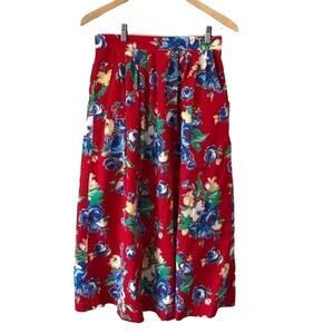 Vintage Floral Fit Flair MIDI Skirt Sz 12 Pockets Red White Blue 90s Spring